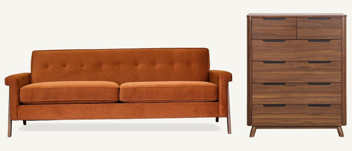 A rust Stylus Jesper sofa and a walnut-finish Tahoe chest, two new mid-century-style pieces at What's New Furniture in Portland.