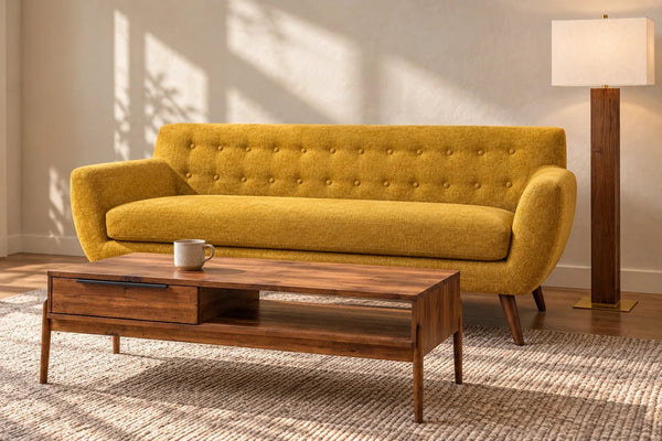 Generated close view of a mustard Stark sofa, brown acacia Remix storage coffee table and Waltham floor lamp in a compact living-room concept.