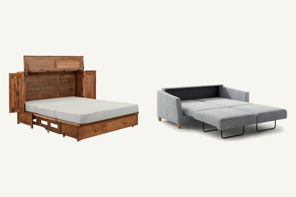 What's New Furniture's Murphy cabinet bed in Black Walnut and a Luonto Monika sleeper sofa, both opened into queen beds.