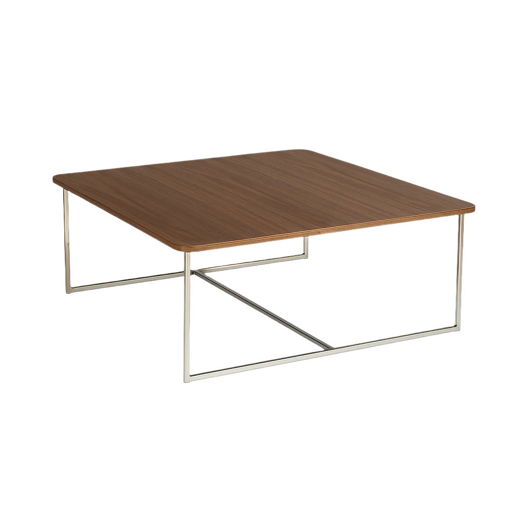 Modern Square Coffee Table with Chrome Base & Walnut Top