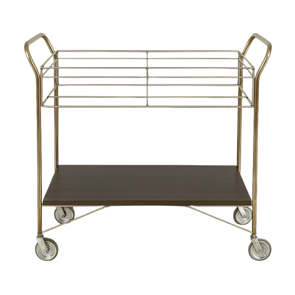 Retro Brass Frame Rolling Bar Cart with Plexiglass Top & Walnut Shelf - Consigned