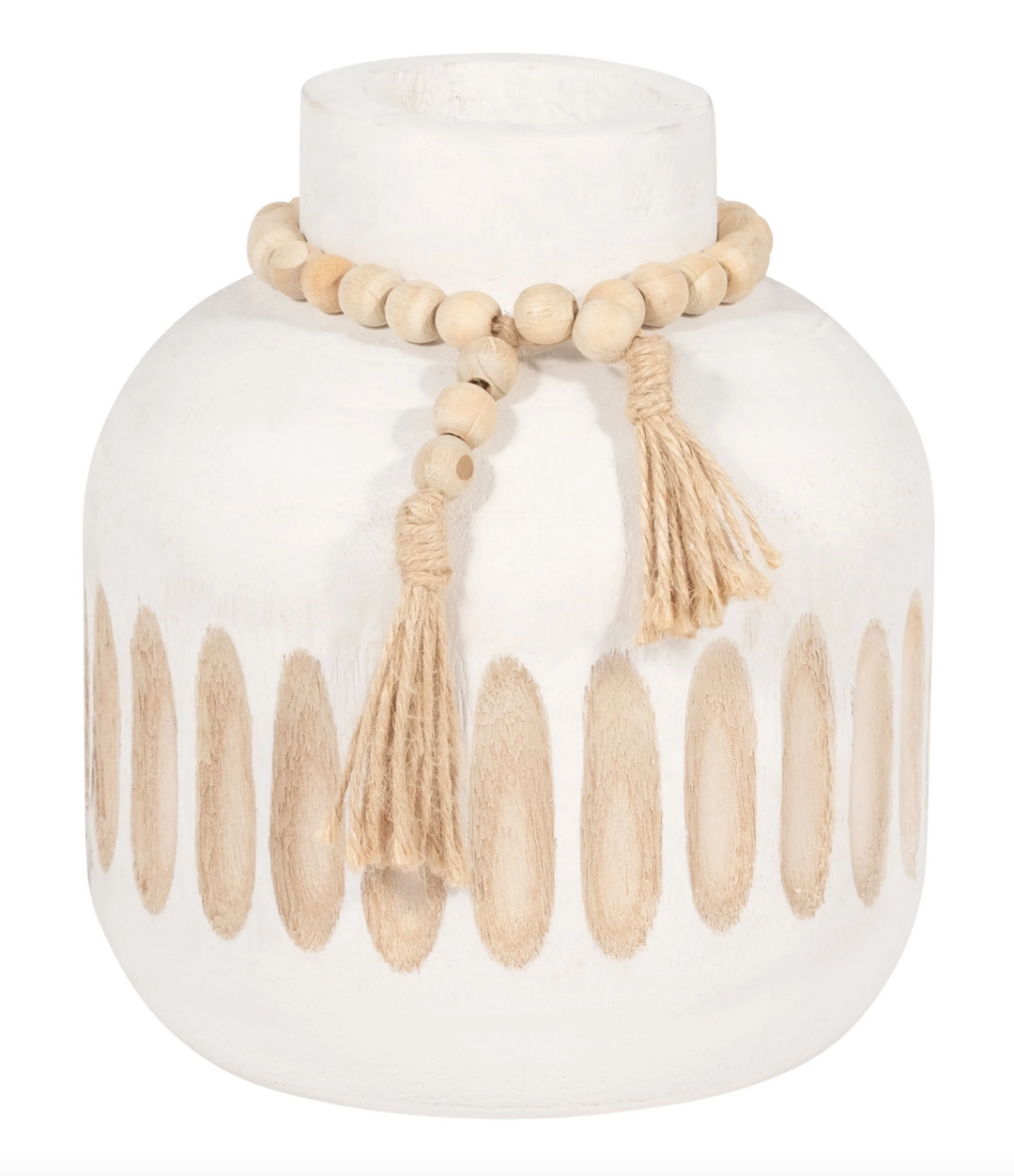 Wood 8" Round Ridged Vase With Tassels