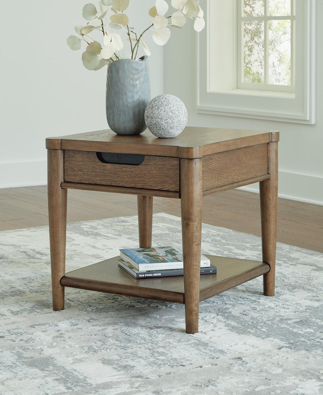 Roanhowe End Table in brown oak front view - Ashley end table with drawer - Whats New Furniture Portland OR