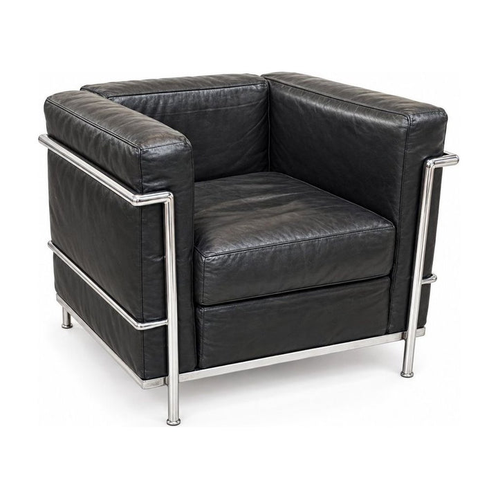 Black LC2-style armchair with a tubular steel frame and boxy cushions - Whats New Furniture Portland OR