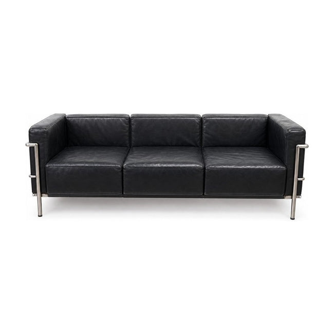 Black LC3 leather sofa with cubic cushions on a chrome tubular frame