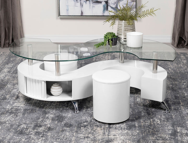 Buckley 3-piece Coffee Table and Stools Set White High Gloss - What's New Furniture Portland