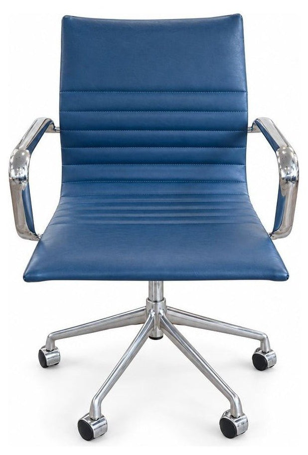 Blue adjustable office chair with a padded seat and metal base.
