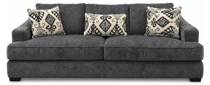 Charcoal gray sofa upholstered in woven Lux fabric by Stanton.
