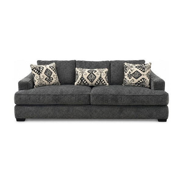 Charcoal gray sofa upholstered in woven Lux fabric by Stanton.