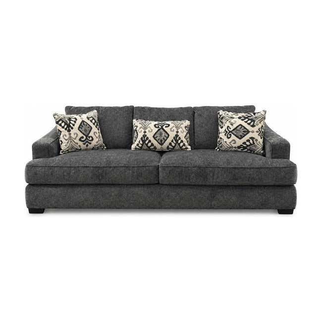 Charcoal gray sofa upholstered in woven Lux fabric by Stanton.