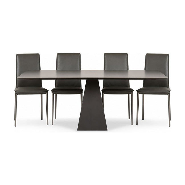 Gray Gunnar dining table with a long tempered glass top and mid-century frame.