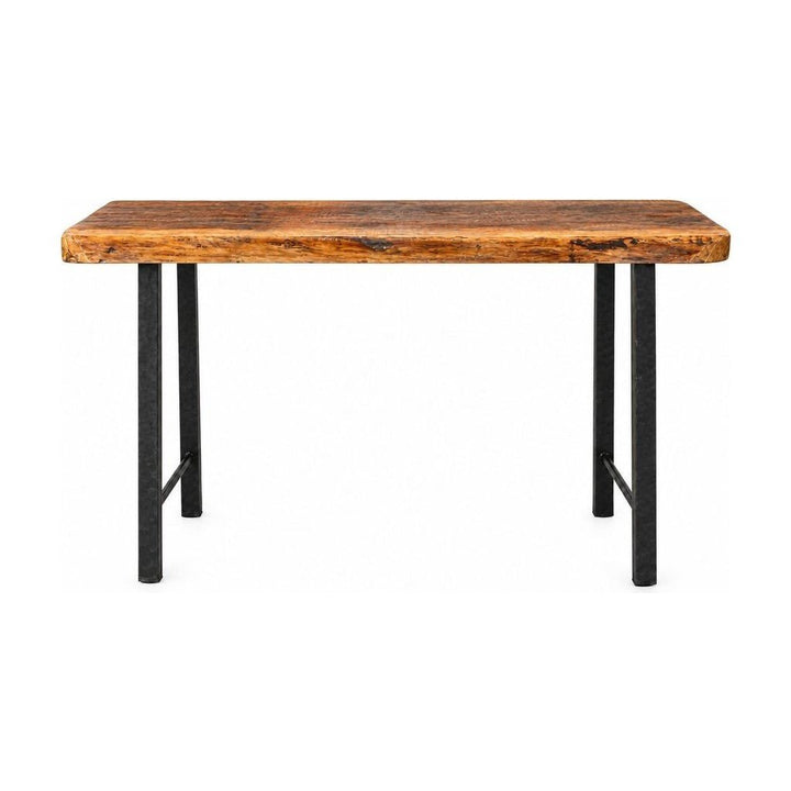 Redwood console table with a long handcrafted wood top and simple profile.