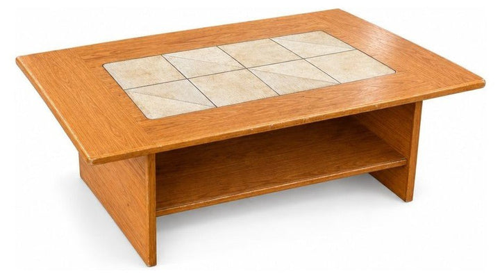 Honey Oak mid-century coffee table with a low rectangular top and simple apron in Gangso Mobler style