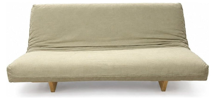 Beige futon sofa with a machine-washable cover and low rectangular silhouette.