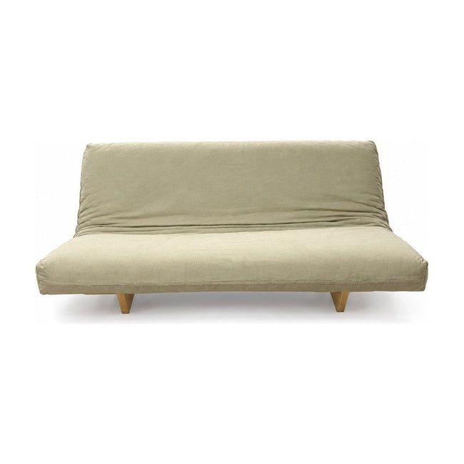Beige futon sofa with a machine-washable cover and low rectangular silhouette.