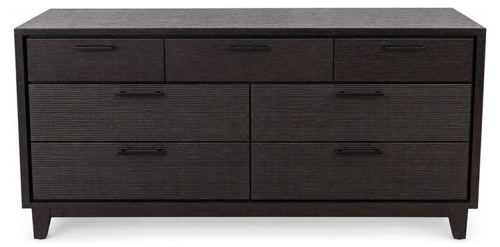 Espresso seven-drawer dresser with a long, low wood case and aligned drawer fronts.