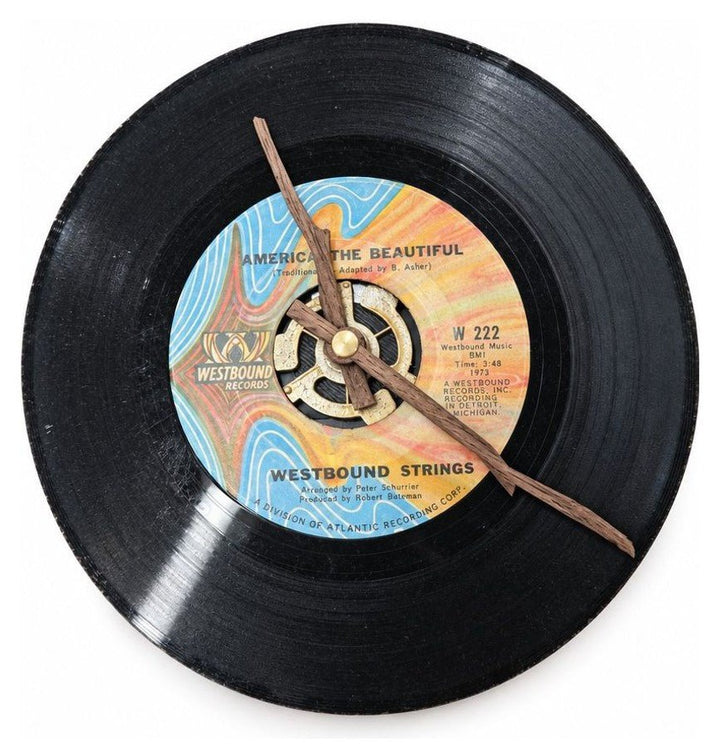 Black vinyl record clock with America the Beautiful album art on the disc.