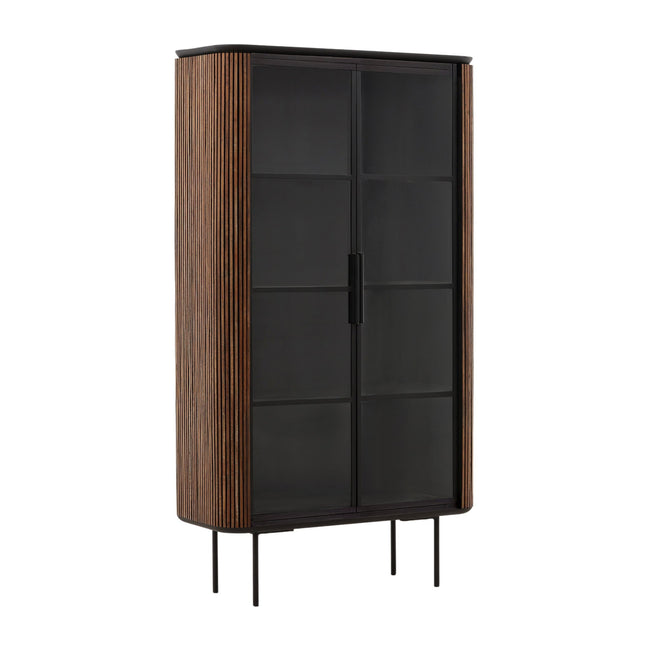 Dabney Glass Cabinet - Teak and Black Metal in Natural - front three-quarter studio view - Cabinet by Dovetail - Whats New Furniture Portland OR