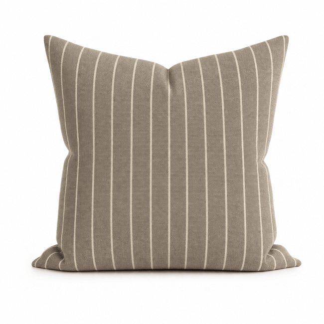 Rhett Earth Ticking Stripe Throw Pillow front view by Decor Fifty-Five - Whats New Furniture Portland OR