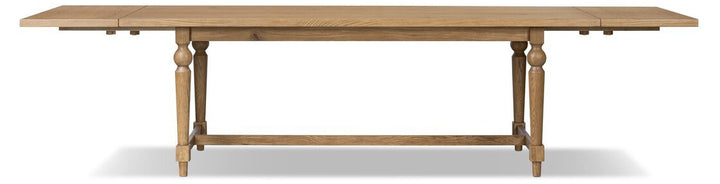 Blinn Extension Dining Table in Worn Oak Veneer front studio view - Whats New Furniture Portland OR