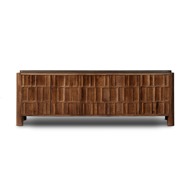 Ezri Media Console in Cocoa Oak front studio view - Whats New Furniture Portland OR