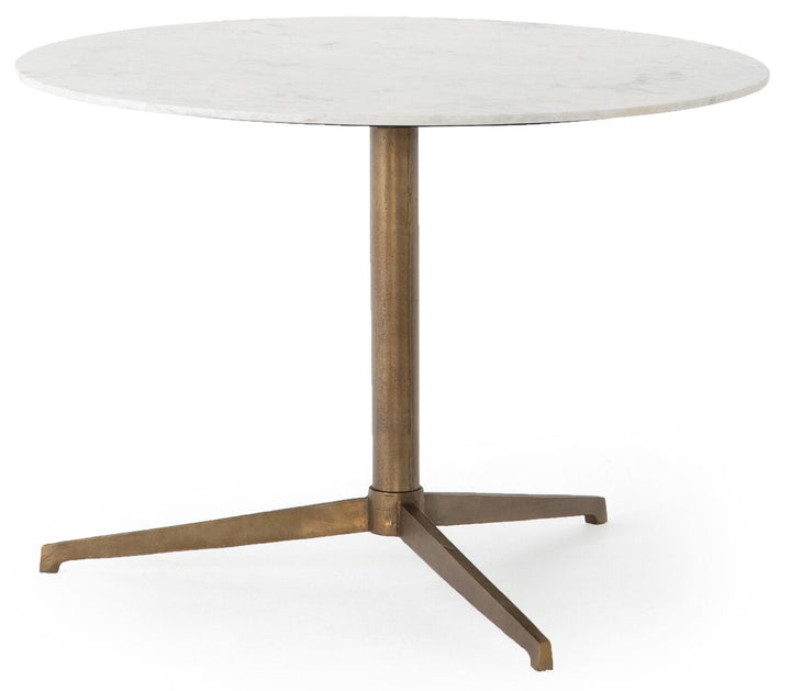 Helen Round Bistro Table in Polished White Marble three-quarter studio view with raw brass tripod base - Whats New Furniture Portland OR