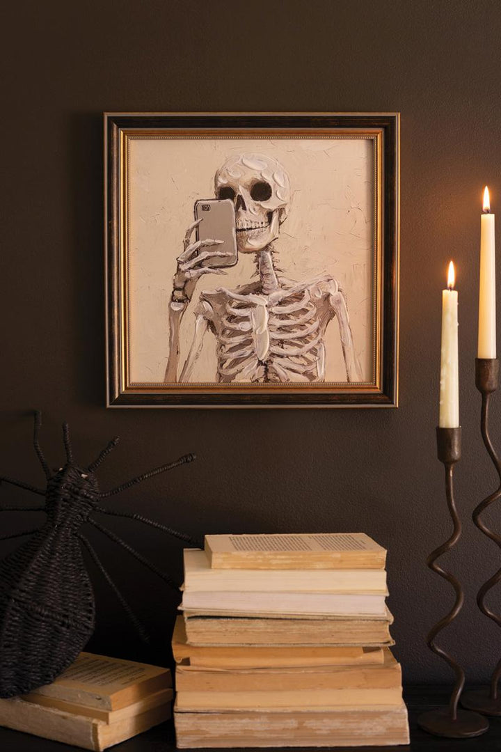 Framed Halloween Skeleton with Cell Phone Painting - Whats New Furniture Portland OR