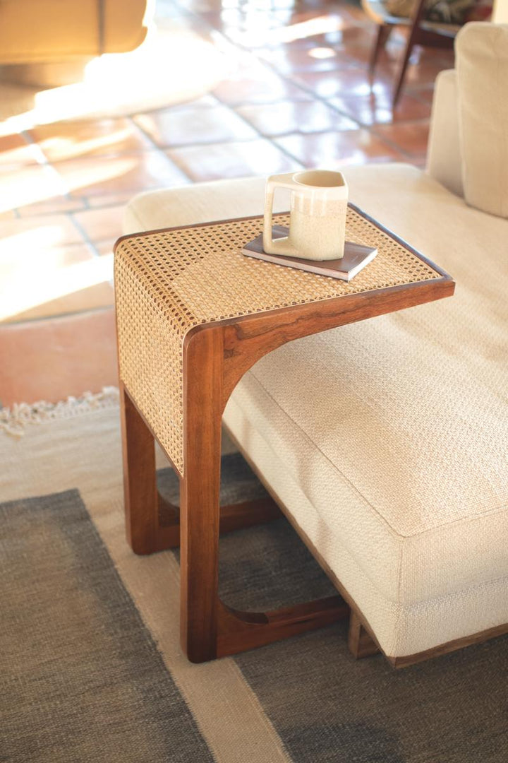 Wood Side Table with Woven Cane Detail - Whats New Furniture Portland OR