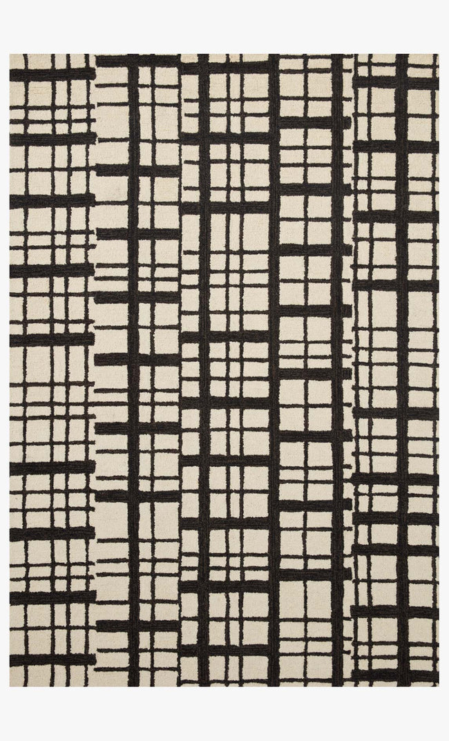Polly Hand Tufted Rug in Black Ivory full view showing the bold painterly grid pattern - Chris Loves Julia x Loloi - Whats New Furniture Portland OR
