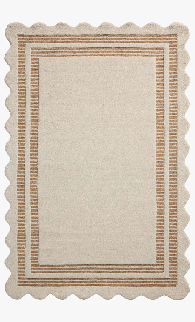 Scottie Hand Tufted Rug in CJ Ivory/Rust full view showing the plush wool pile and scalloped striped border - Chris Loves Julia x Loloi - Whats New Furniture Portland OR