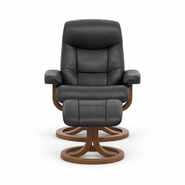 Muldal Large Recliner and Foot Stool in NL Navy front view - Fjords Norwegian leather recliner - Whats New Furniture Portland OR β Portland furniture store