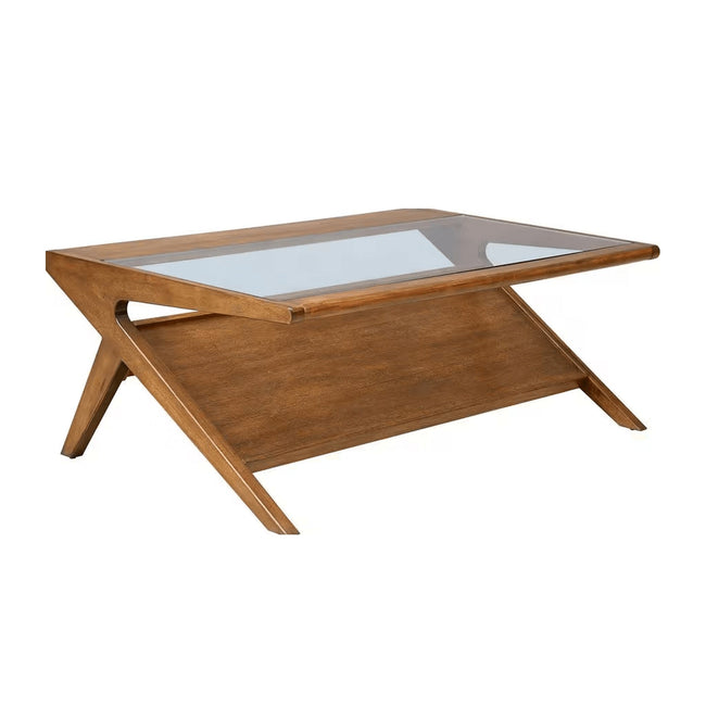 Rocket Coffee Table with Tempered Glass in pecan - mid-century glass-top coffee table - Whats New Furniture Portland OR