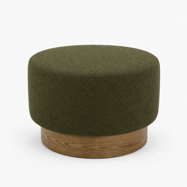Petra Ottoman in moss green boucle front view - round drum ottoman by Rowe - What's New Furniture Portland OR