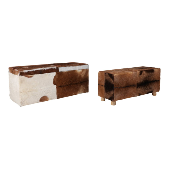 Hair on hide storage bench set of 2 in brown and white cowhide - bench by Sagebrook Home - Whats New Furniture Portland OR