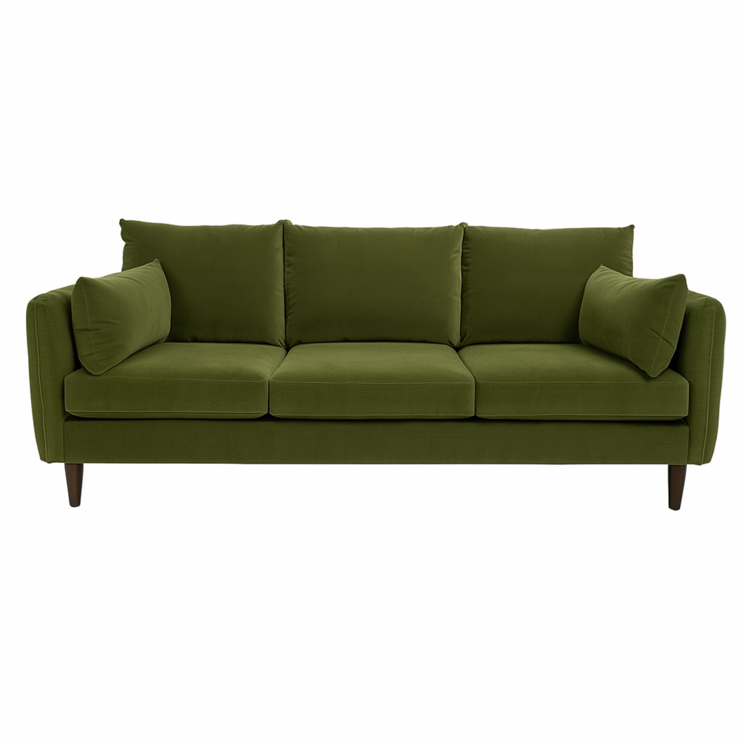 Green fitz sofa with brown legs on a white background