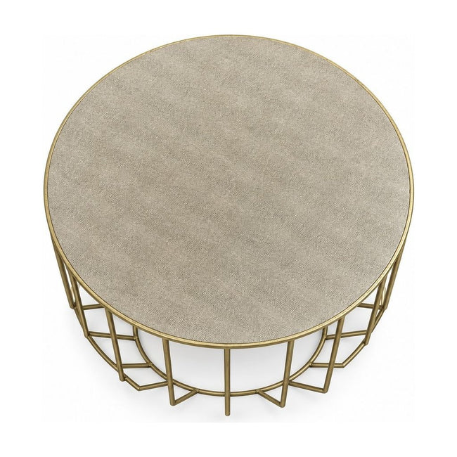 Taupe/Gold square coffee table with a metal frame and low profile.