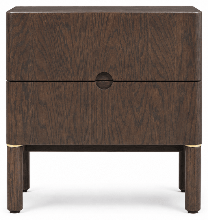 Arun nightstand in espresso oak straight-on front view - 2-drawer Scandinavian bedside table - Whats New Furniture Portland