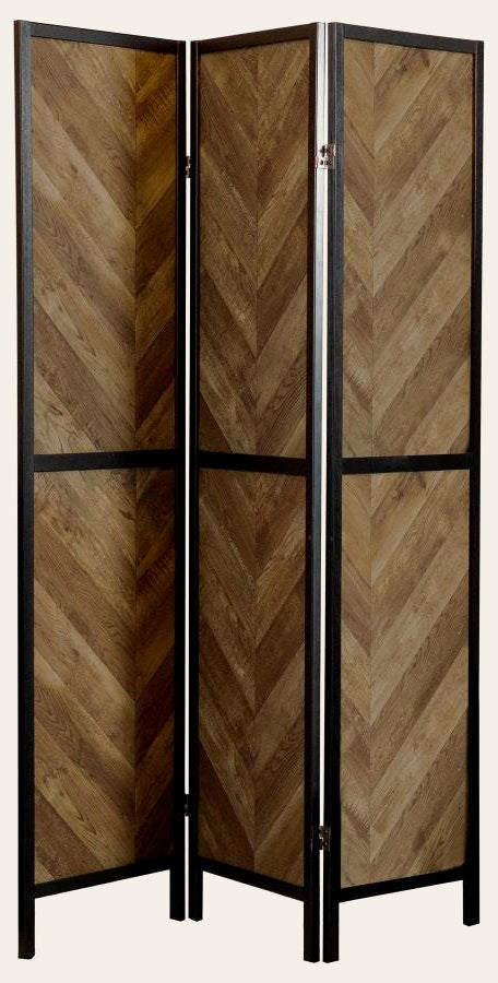 Marlene 3-Panel Room Divider Folding Screen in rustic tobacco - rustic wood folding screen - Whats New Furniture Portland OR