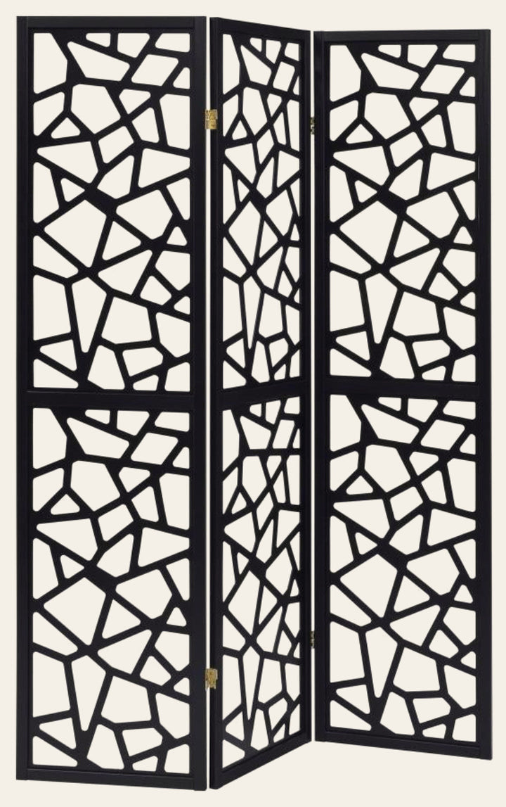 Nailan 3-Panel Room Divider in black - mosaic cutout folding screen by Coaster - Whats New Furniture Portland OR