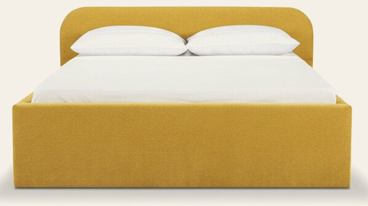 Multnomah Queen Bed Frame in Dine Mustard - queen upholstered bed private label - Whats New Furniture Portland OR