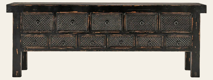 Lahey 11 Drawer Rectangle Console in Antique Pine - reclaimed wood console by Classic Home - Whats New Furniture Portland OR