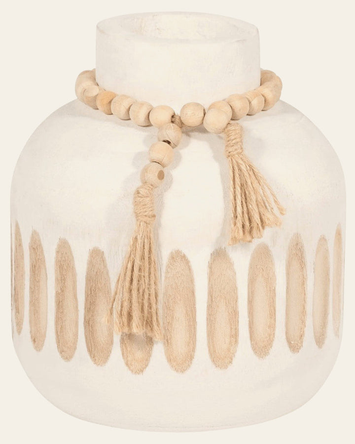Wood 8" Round Ridged Vase With Tassels front view - vase by Sagebrook Home - Whats New Furniture Portland OR