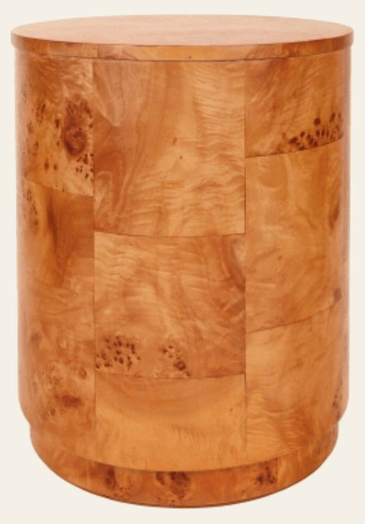 Arsenio Burl Wood Round Side/End Table in Golden Brown Burl - golden brown burl side table - Whats New Furniture Portland OR