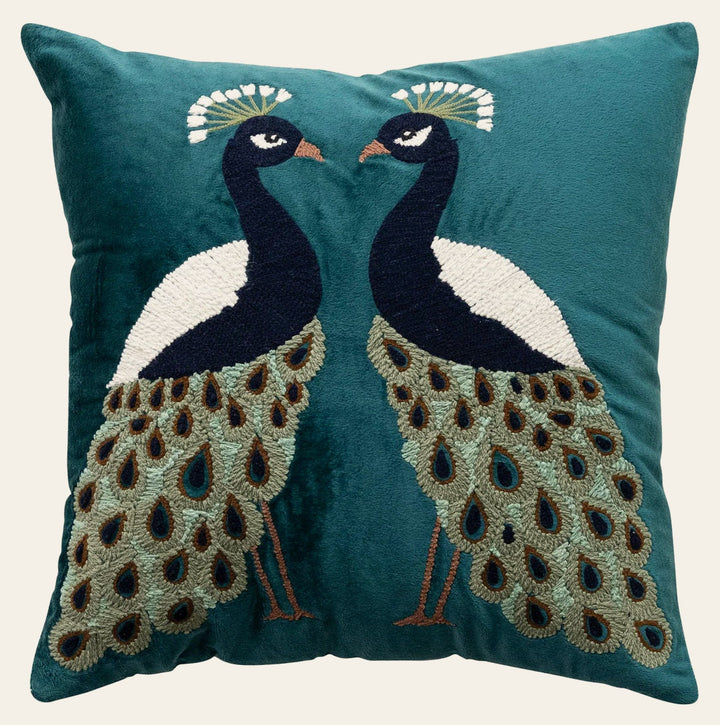 18" Square Velvet Pillow with Peacocks, Embroidery & Chambray Back - Whats New Furniture Portland OR