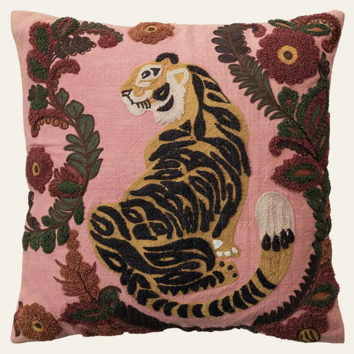 Square Cotton Slub Pillow w/ Embroidered Tiger & Flowers - What's New Furniture - Portland, Oregon