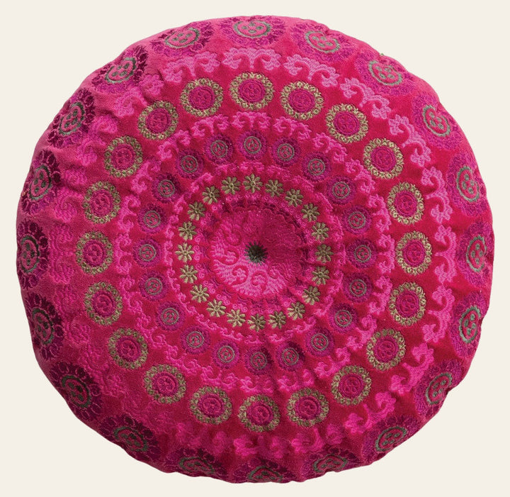 Round Cotton Velvet Embroidered Pillow with Mini Pom Pom Trim & Chambray Back - What's New Furniture - Portland, Oregon