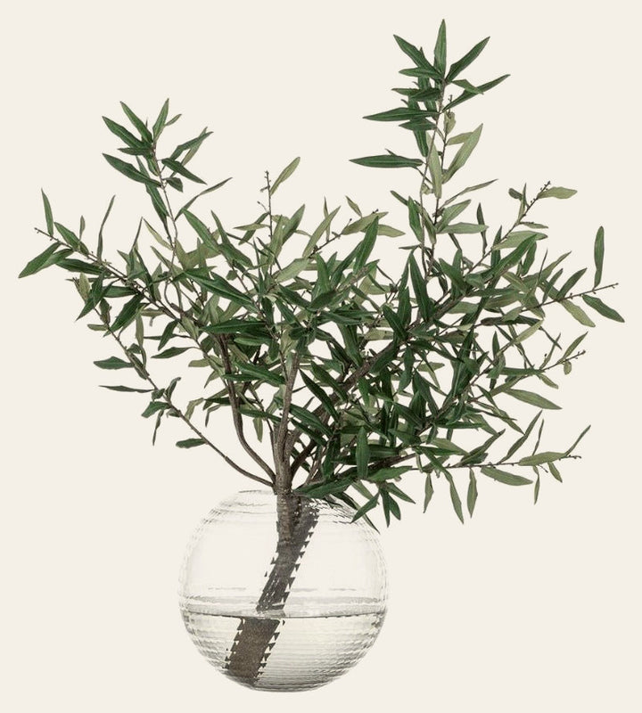 Olive Branch in Round Glass Vase in Green Glass - faux olive branch arrangement - Whats New Furniture Portland OR