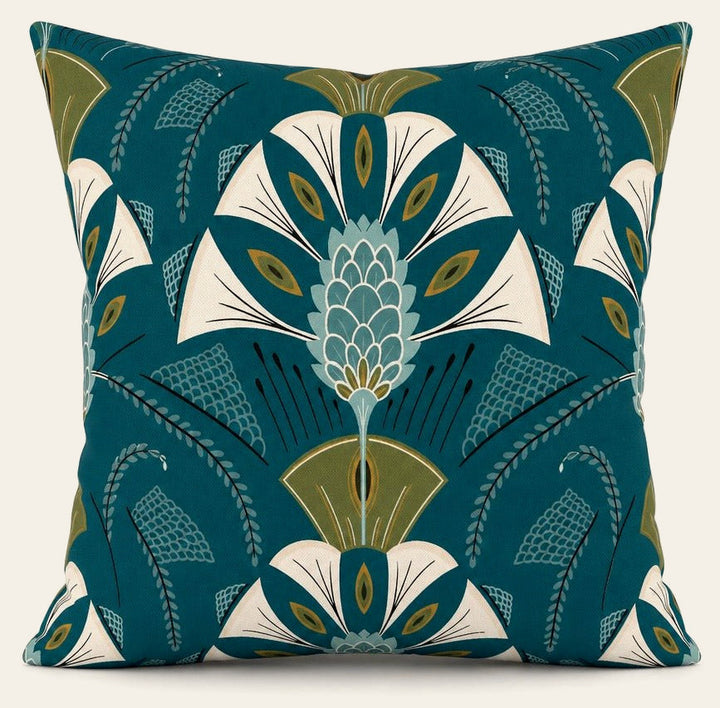 Plumage Aegean Art Deco teal throw pillow front view by Decor Fifty-Five - Whats New Furniture Portland OR