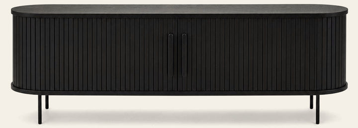 Black fluted oak TV lowboard with curved oval silhouette and sliding tambour doors - Whats New Furniture Portland OR