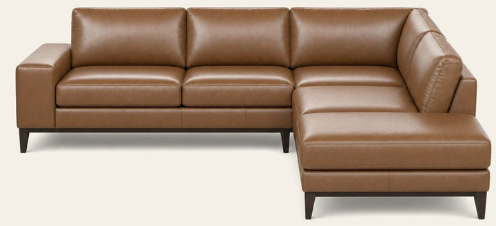 Straight-on front view of Solado pecan brown top-grain leather sectional with right-facing - Whats New Furniture Portland OR